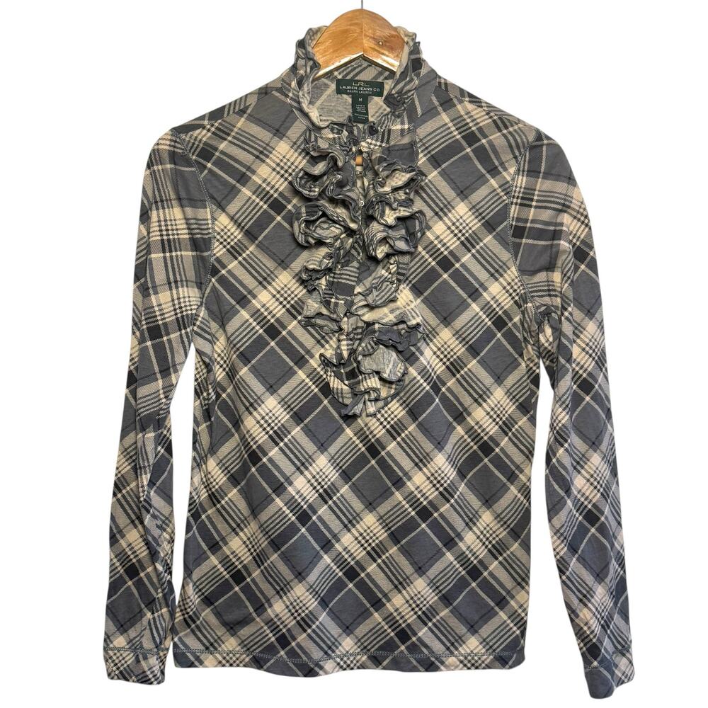 LRL Lauren Jeans Co Gray Plaid Ruffle Front Pullover Blouse Size Medium